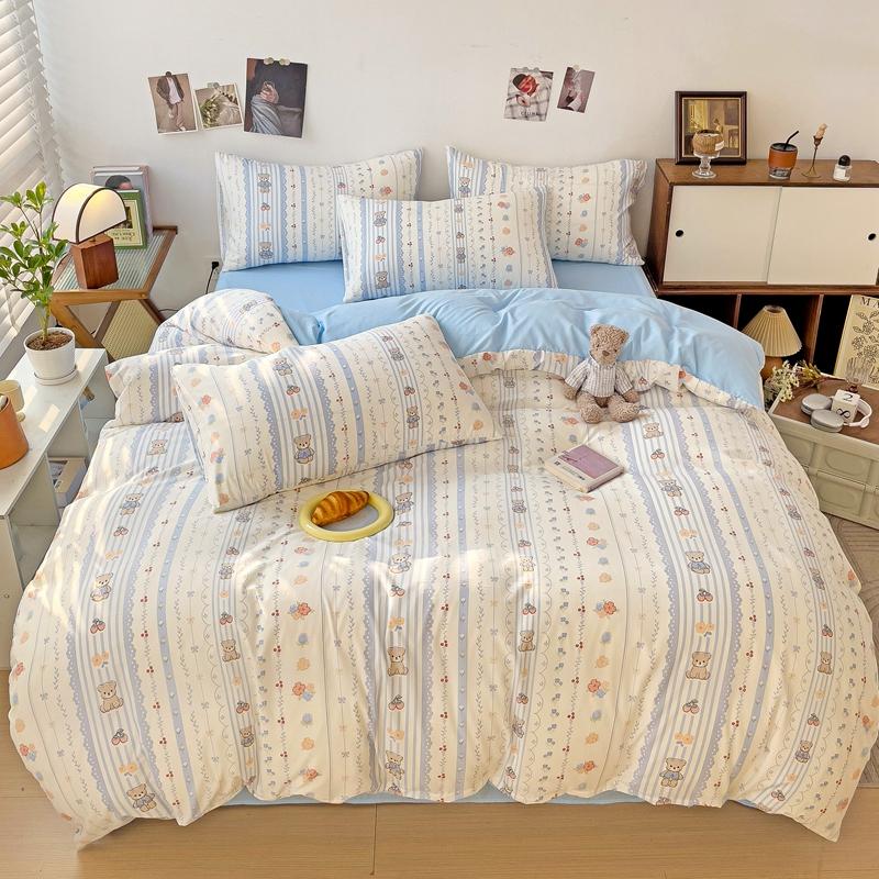 Милый мультяшный комплект пододеяльника с медведем для девочек, декор детской комнаты, кавайный клубничный комплект постельного белья из стираного хлопка, 3/4 предмета
