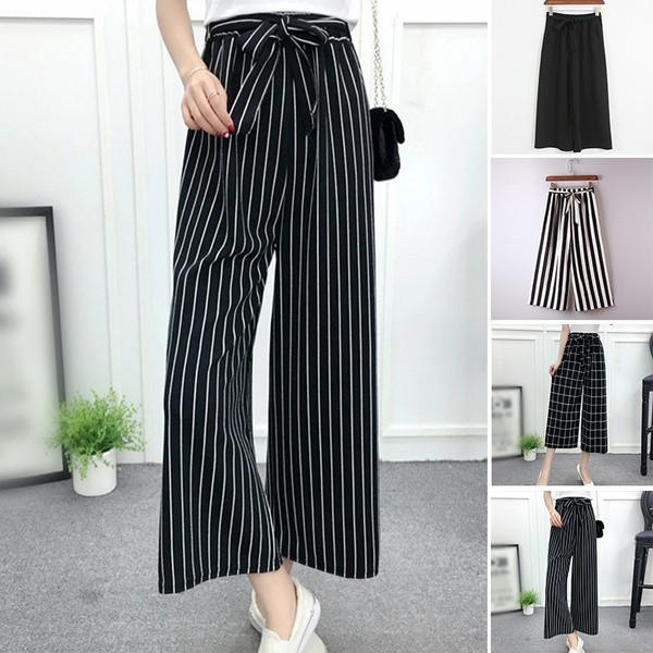 Women High Waist Elastic Striped Culotte Pants With Elegant Wide Leg Flare Design For Casual Wear