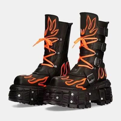 Модные ретро ботинки в темном стиле панк мотоциклетные ботинки пламя на толстой подошве мужские/женские модные рок ботинки на шнуровке с ремешком и пряжкой ботинки до середины икры