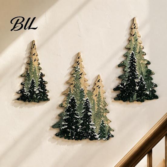 Snow Effect Wood Wall Panels 3Pcs Wooden Christmas Tree Decor, Winter Snowy Pine Hanging Decorative Mounted Art Sign, Rustic Forest Ornaments for Xmas