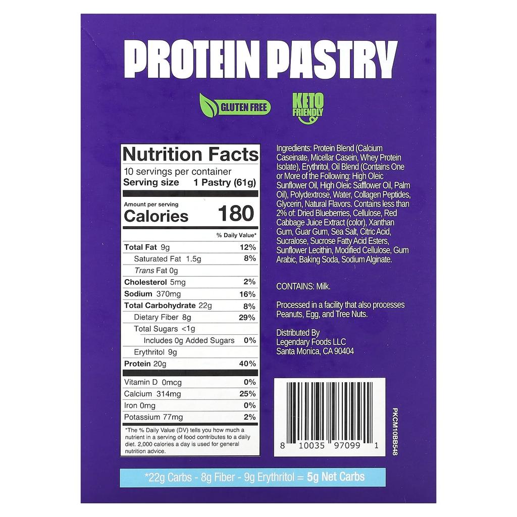 Legendary Foods Protein Pastry, Blueberry, 10 Packs, 2.2 Oz (61 G) Each