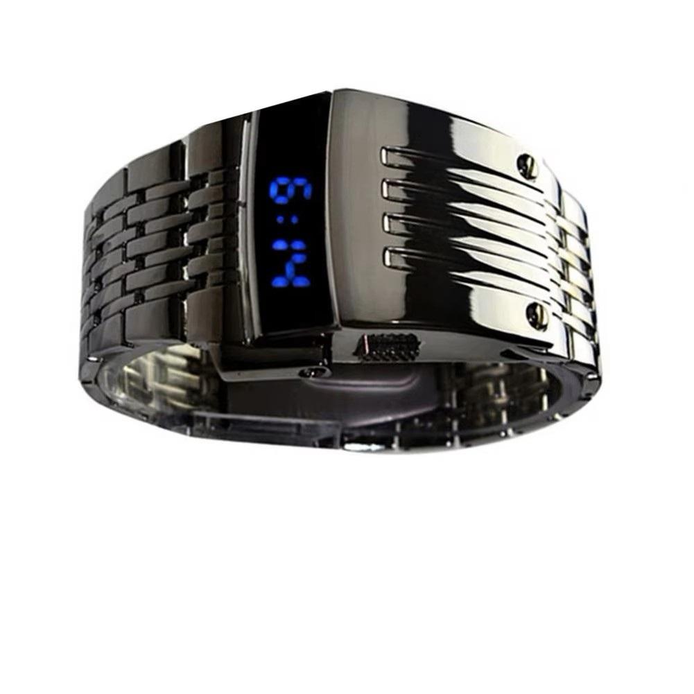 Светодиодные модные наручные часы Мужской подарок Цифровой светодиодный синий дисплей Широкий браслет из нержавеющей стали Армейские спортивные Винтажные ретро Повседневные