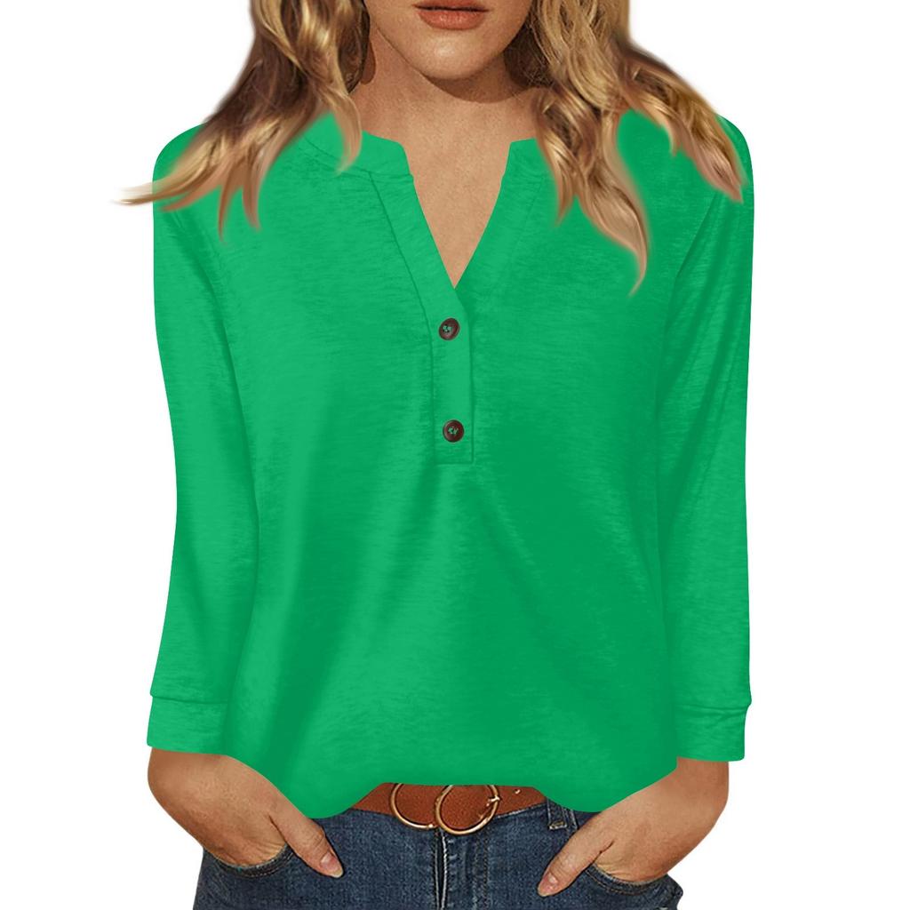 Women's T Shirt Solid Color Button Long Sleeve Daily Weekend Fashion Basic V- Neck Regular Top