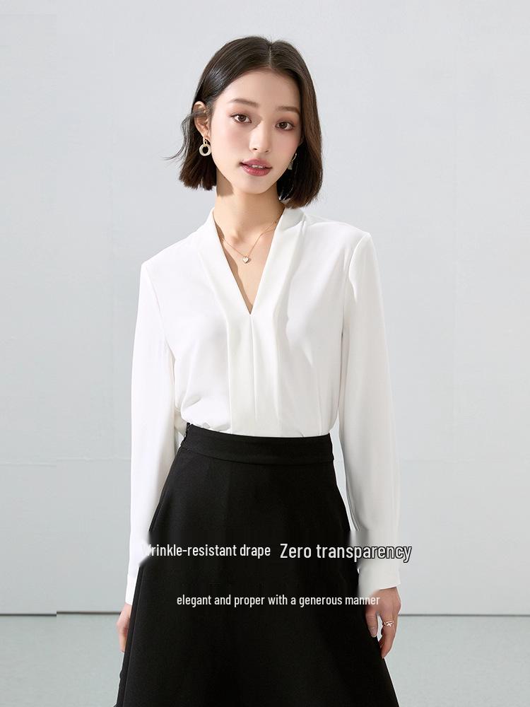 Women's Drapey White V-neck Chiffon Shirt: Long-Sleeved, Slimming, Perfect for College, Interviews, Professional Wear, and Spring Layering Tops