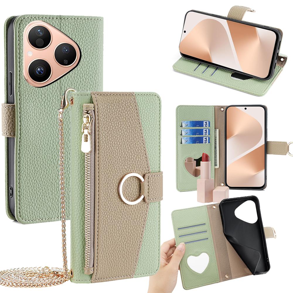 For Huawei Pura 80 Case Mirror Wallet Leather Phone Cover with Chain Shoulder Strap
