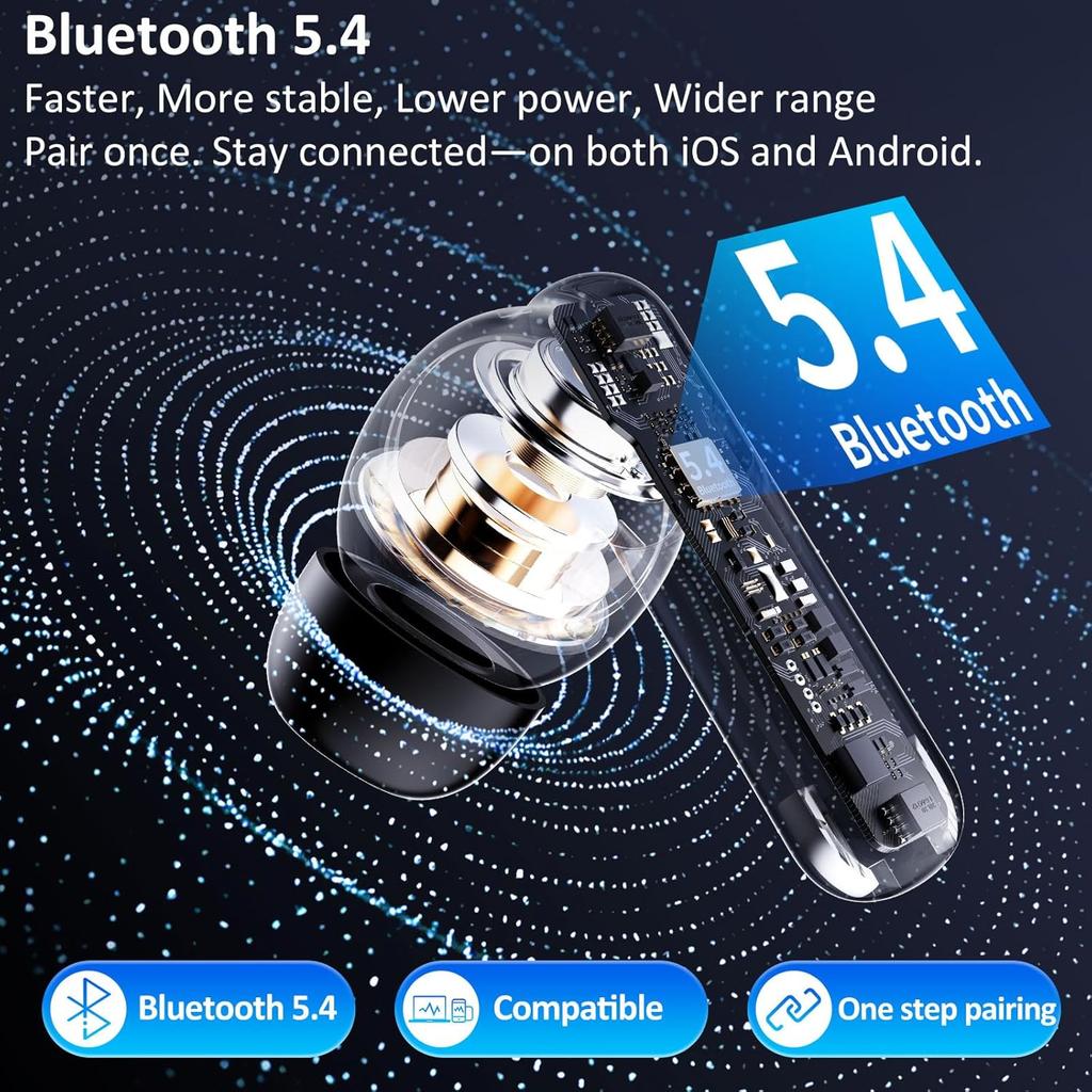 Беспроводные наушники Bluetooth 5.4 6 микрофонов ENC Шумоподавление Глубокий бас Hi-Fi Стерео Светодиодный дисплей 48 часов воспроизведения Наушники IPX7 Android iOS