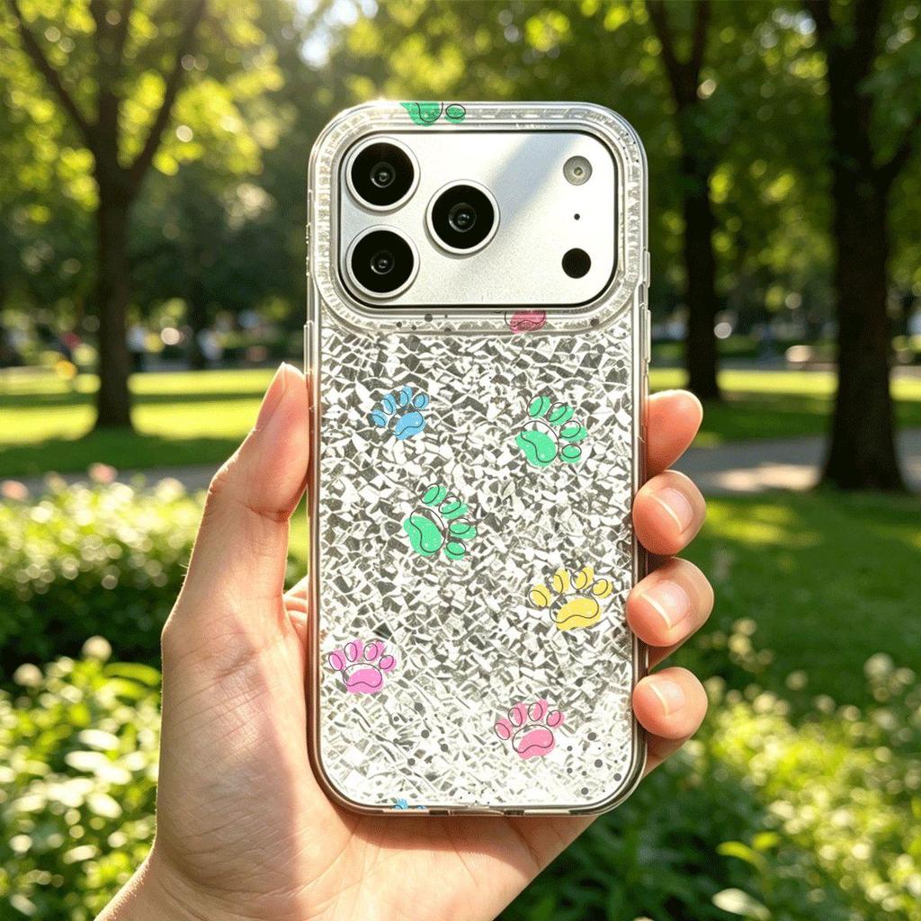 Phone Case for iphone XS Max 14 16 Plus Air 11 XR 12 13 15 18 Pro Max 17 Pro Colorful Paw Prints Silver Cracked Texture Shockproof Cover