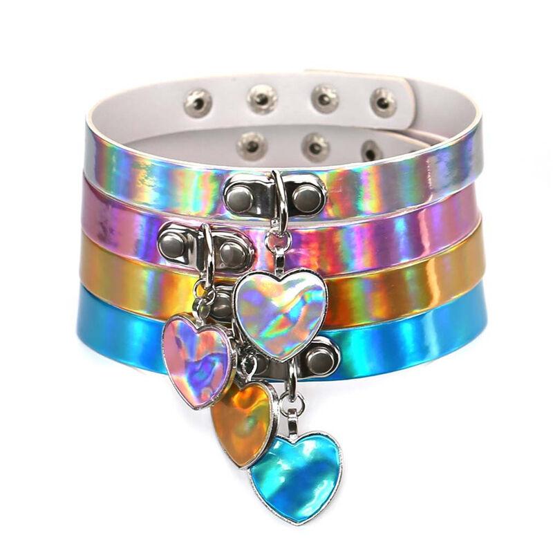 Fashion Holographic Choker Punk Laser Heart Pendant Collar Necklace Rivet Buckle