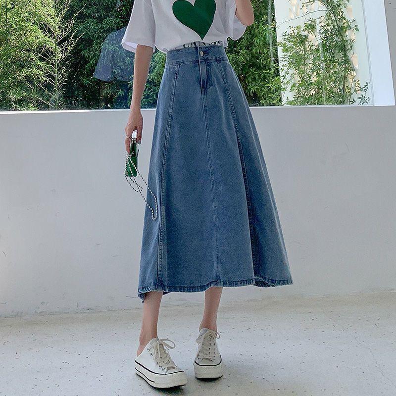 Весна Осень Женская Мода Повседневная Джинсовая Юбка с Высокой Талией Миди А-силуэта