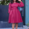 African Women's Long-Sleeve Belted Dress - Elegant Autumn/Winter 2023 Collection, Round Neck, Large Swing, European & American Style