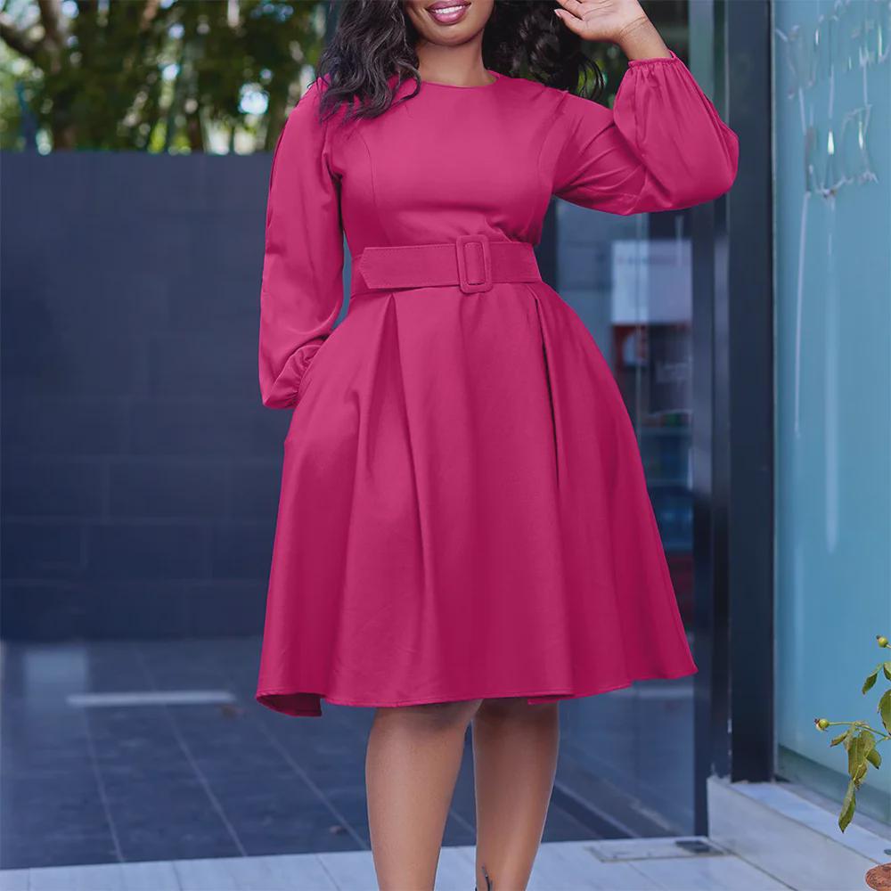 African Women's Long-Sleeve Belted Dress - Elegant Autumn/Winter 2023 Collection, Round Neck, Large Swing, European & American Style
