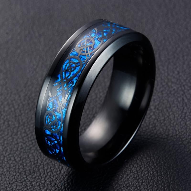 OAKKY mens stainless steel Black Blue Carbon Fiber Inlay Dragon Pattern Wedding Band ring size 19