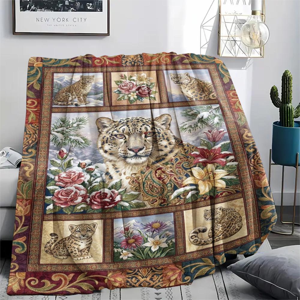 Snow Leopard Animal Print Flannel Blanket, High quality Comfortable for All Seasons, Home Decor, Warmth and Comfort, Perfect for Christmas Gifts124