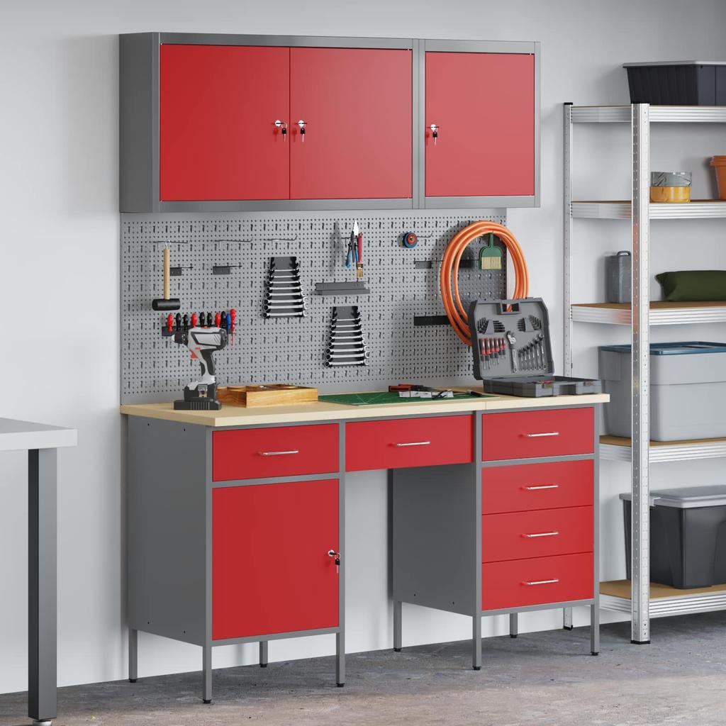 Workbench with Drawers 8 pcs Red Engineered Wood and Steel