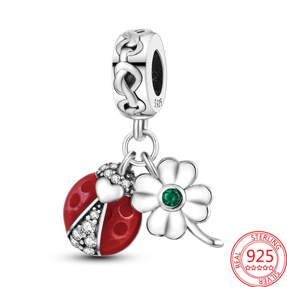 Original S925 Silver Fit Fashion Bracelet Charm Murano Glass Beads Ladybird Four Leaf Clover Pendant Jewelry Gift Accessories