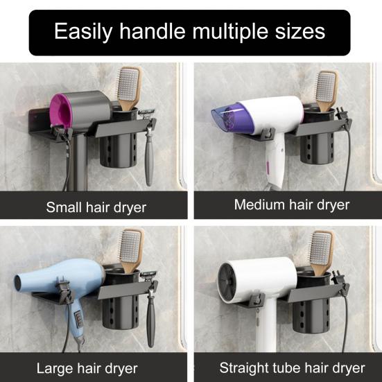 Универсальный держатель для фена, настенное крепление, вешалка для фена с органайзером для шнура, самоклеящаяся стойка для инструментов по уходу за волосами для шкафа в ванной комнате