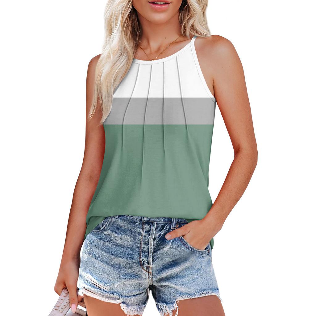 Womens Summer Tank Tops Pleated O Neck Printing Casual Top Tank Tops For Women Loose Fit Sleeveless Shirts