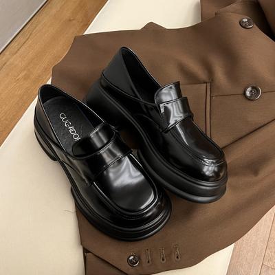 Маленькие кожаные туфли на платформе для увеличения роста, 2025, универсальные, на толстом каблуке, новые осенние, в британском стиле, на шнуровке, туфли-маффины, одинарные, женские