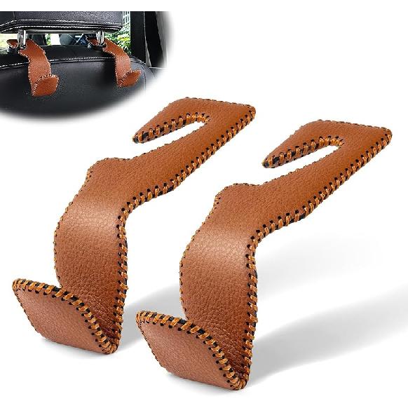 LivTee Black Superior Leather Car Seat Back Headrest Hook, Auto Seat Hook Hangers Interior Accessories For Purse Coats Umbrellas Grocery Bags
