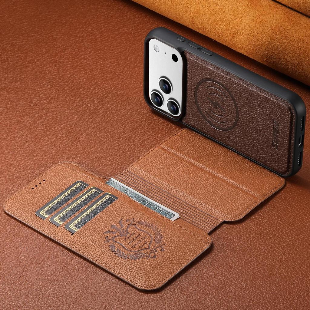 Чехол-книжка для iPhone 17 Pro с отделением для карт: Магнитный, Беспроводная зарядка, Подставка «два в одном», Кожа с цветными блоками.