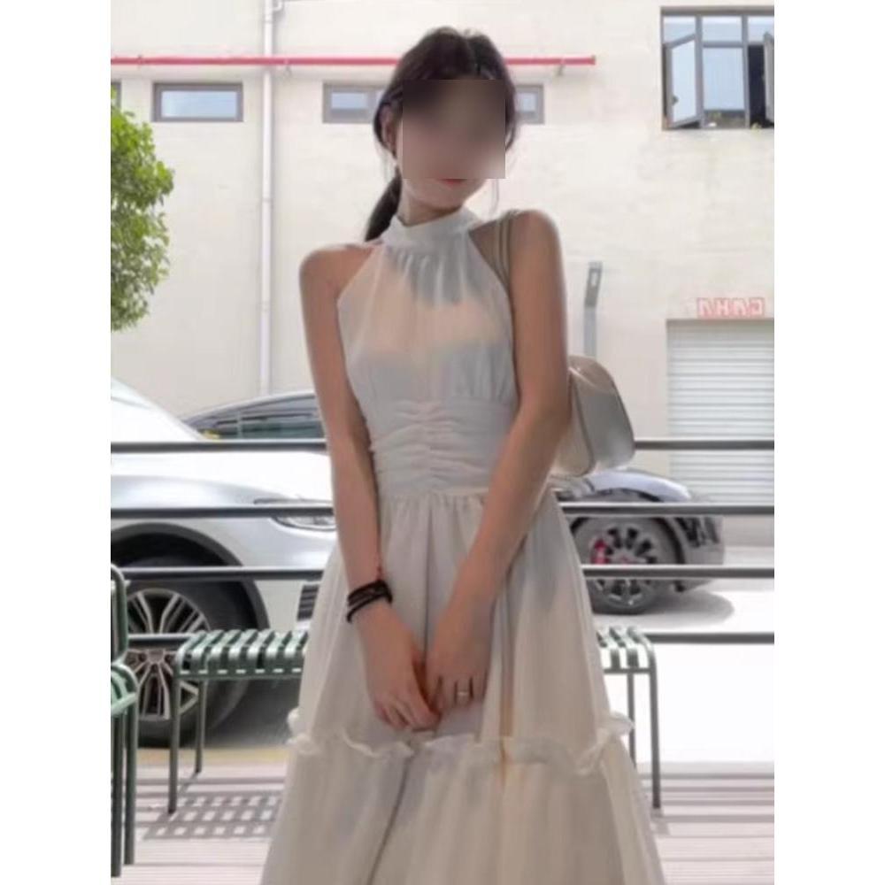 Детское летнее платье без рукавов на бретелях через шею, в новом стиле для морского отдыха, с завышенной талией, тонкое, с французским темпераментом, длинное