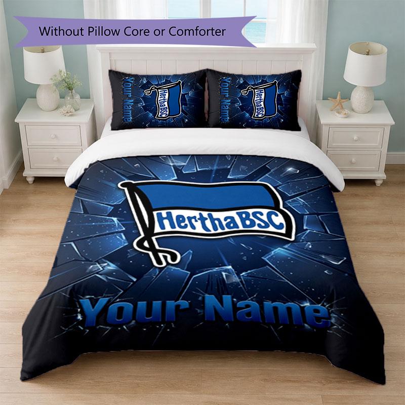 hertha bsc Custom Name Text Bedding Set 1 Duvet Cover+2 Pillowcases Soccer Logo Personalized Gift For Special Occasion Bedroom Decor