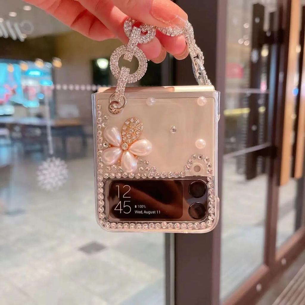 Crystal Diamond Case for Samsung Galaxy Z Flip 5 4 3 5G Rhinestones Pearl Crown Heart Wrist Shockproof Protection Cover