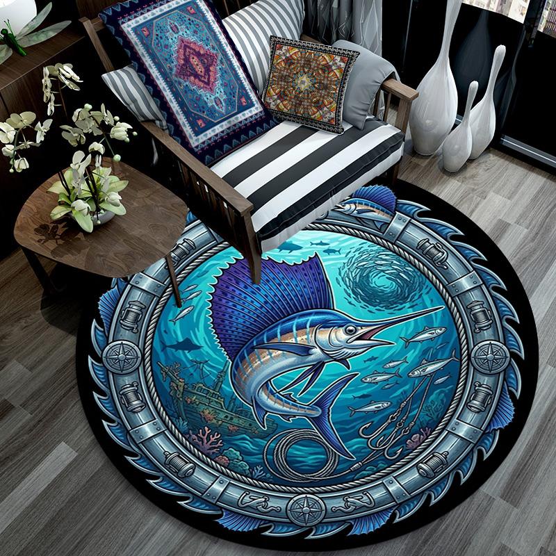 Marine Life Through Porthole Round Area Rug Under Office Chairs Bedroom Living Room Home Decor