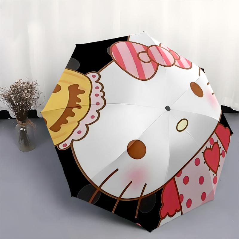 1pc Hello Kitty Pumpkin Jack-o'-Lantern Automatic Open/Closed Umbrella with Portable Three-Fold Design, 8-Bone Iron Frame Outdoor Umbrella for Hallowe