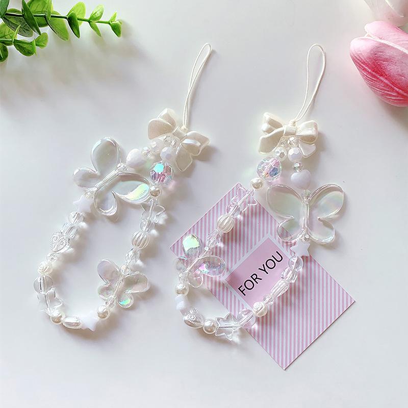 Прозрачная бабочка, искусственный жемчуг, бант в форме сердца, бисерный шнурок на запястье, цепочка для мобильного телефона, шнурок для мобильного телефона