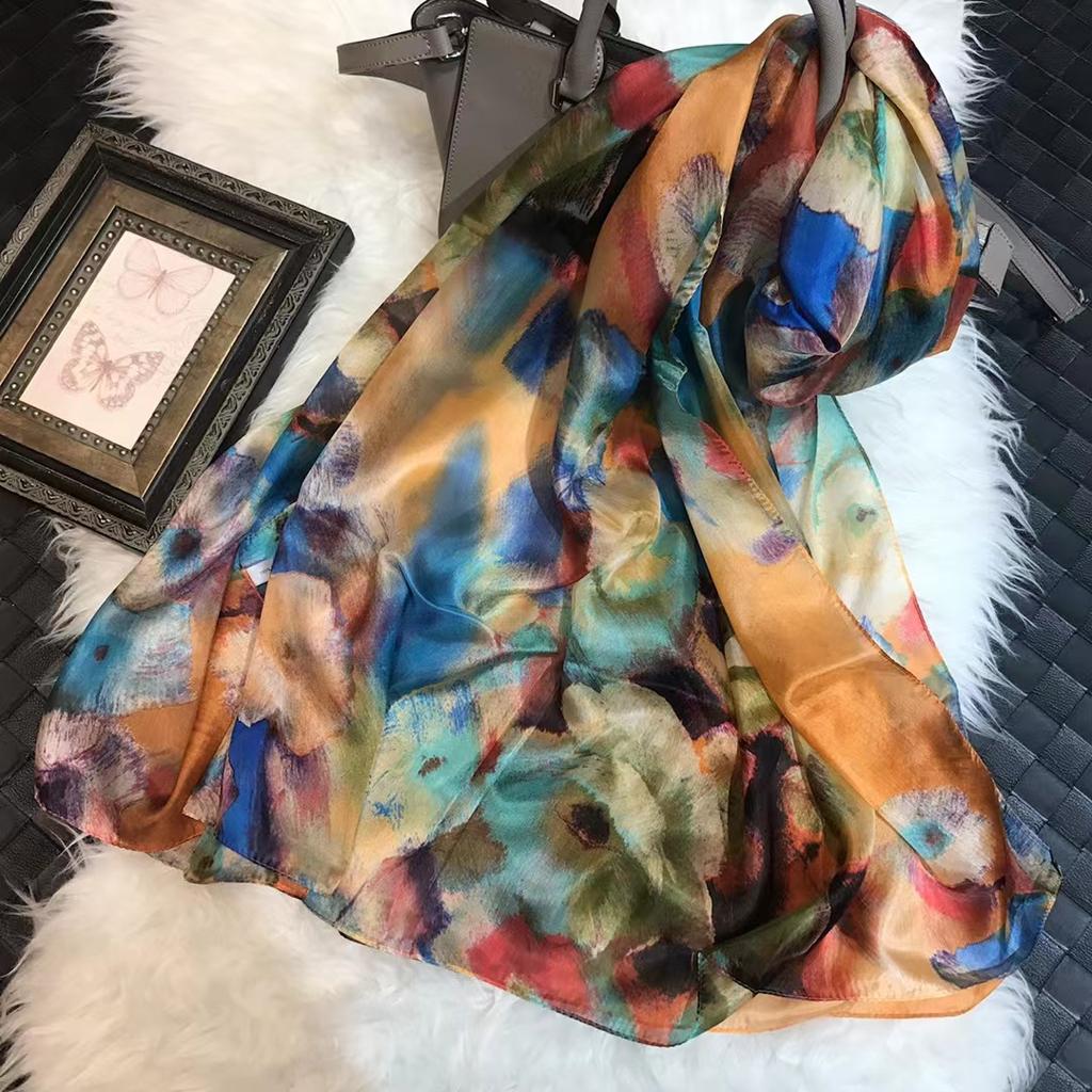 Белый 100% Шелковый Шарф Женские Шарфы Bufandas Летние Пляжные Шали Foulard Осень Зима Цветочный Дизайн Длинные Шарфы на Шею Хиджабы