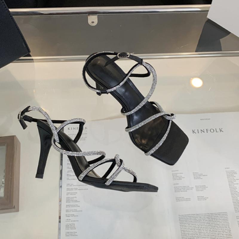 Женские элегантные босоножки с кристаллами, квадратным открытым носком, пряжкой, высоким каблуком, сексуальные туфли для банкета и вечеринки