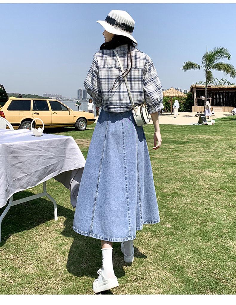 2023 Women's Long Spring Denim Pleated A-Line Skirt - High Waist, Mid-Length & Versatile