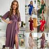 2023 Women's V-Neck Lantern Sleeve Maxi Dress with Waist Tie & Slit