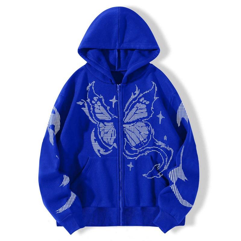 Y2K - Matrix Butterfly Print Zip-Up Hoodie Mens Oversized Casual Sweatshirt