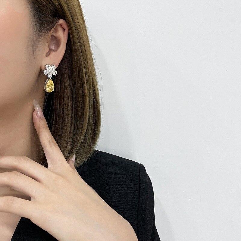 Luxury S925 Sterling Silver Drop Earrings For Women Sparkling 10*14mm Yellow Diamond Ladies Earrings Fine Jewelry Earrings Gifts