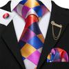 Gold Brooch with Tie for Men Plaids Check Silk Necktie Hanky Cufflinks Set