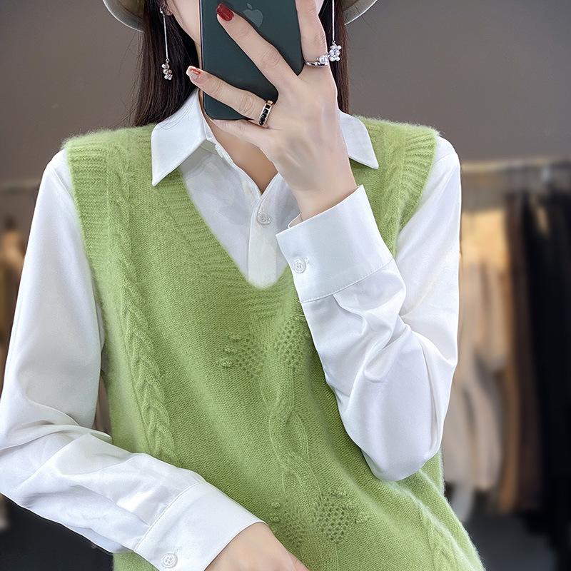 Женский вязаный свитер-жилет с V-образным вырезом, модный и универсальный жилет без рукавов, жаккардовый базовый топ для осени и зимы