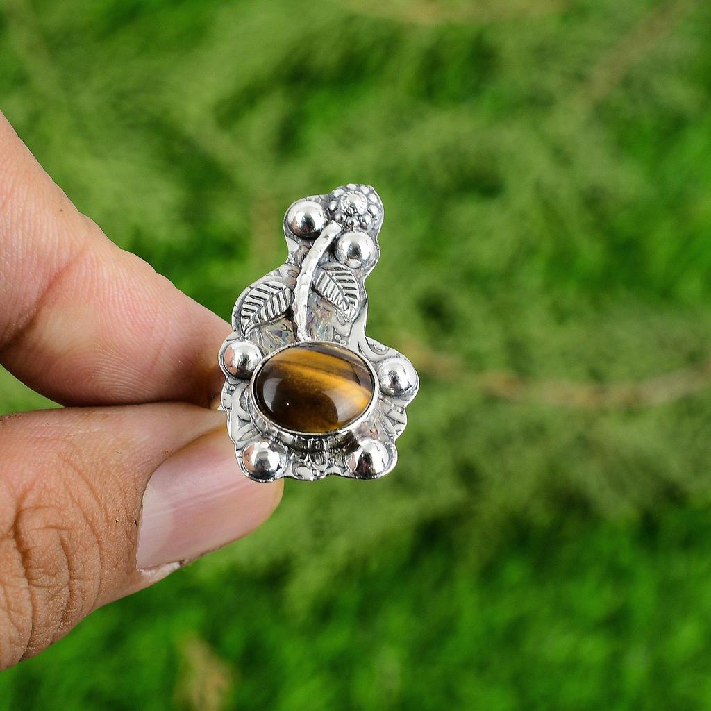 Gift For Women Multi Stone Flower Adjustable Ring 925 Silver Natural TigerS Eye