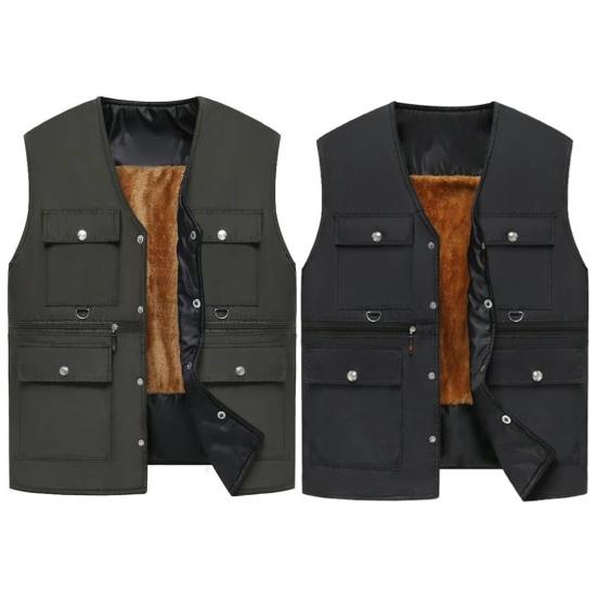 Мужской жилет, осень-зима, теплая плюшевая подкладка, ветрозащитный жилет без рукавов с v-образным вырезом, 6 карманов, застежка на пуговицы, повседневный однотонный мужской жилет, топ