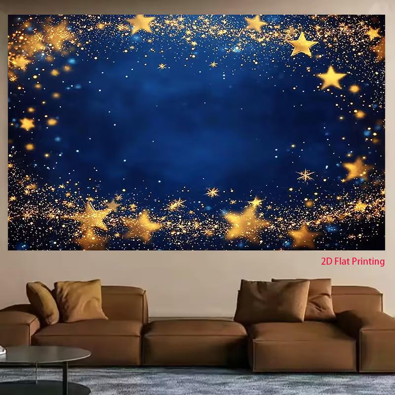 2D Golden Star Glitter Backdrop, Blue Galaxy Party Banner