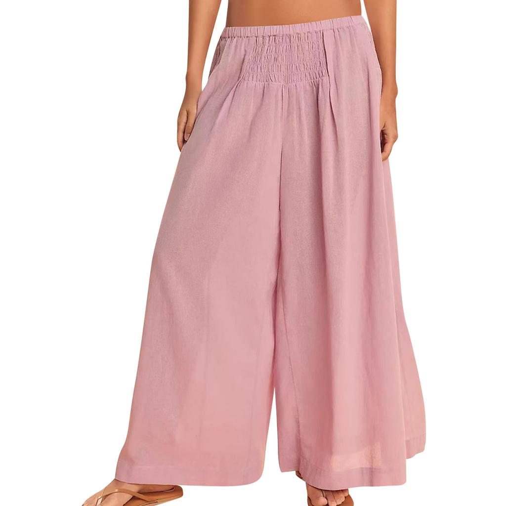 Женские льняные брюки с широкими штанинами, эластичные брюки-палаццо с высокой талией, повседневная свободная одежда для пляжного отдыха с карманами