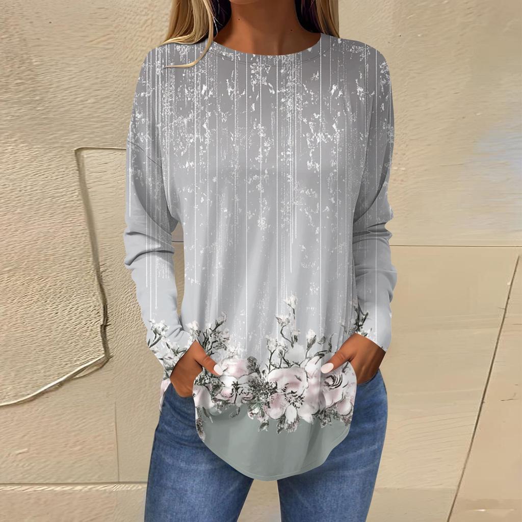 Women's Loose Round Neck Print Long Sleeve T-Shirt Top Pullover