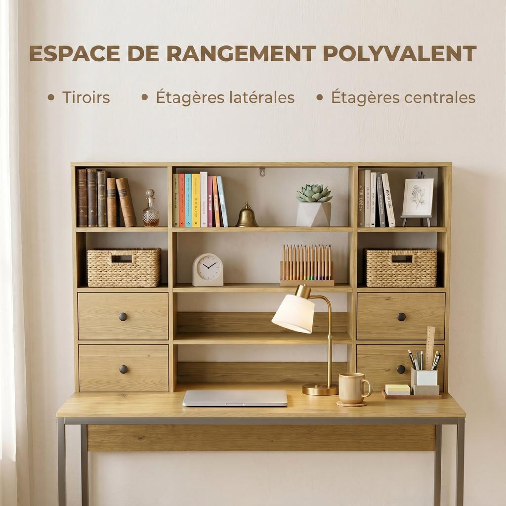 Computer Desk, 4 Drawers, 105 x 60 cm, Open Shelves, Natural Wood