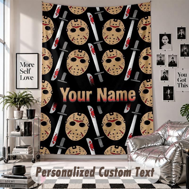 Custom Tapestry Wall Hanging, Friday the 13th Jason Voorhees Personalized Name Text Home Wall Decor