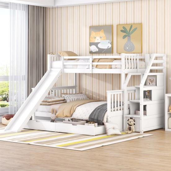 Stable Base Bunk Bed with Drawers Ladder Slide Storage Shelves Wood Frame Family Loft Bed Bedroom