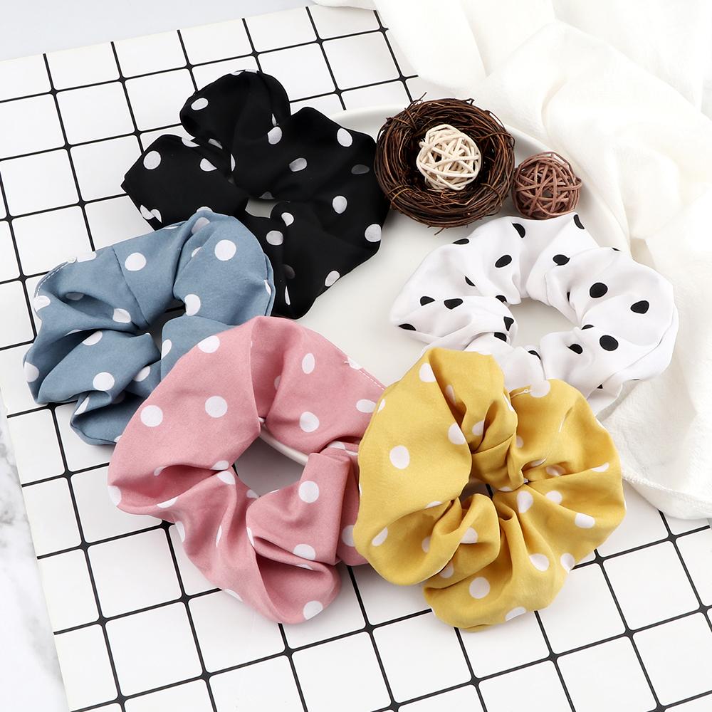 5PCS Mixed Colors Fashion Hair Bands Korean Elastic Satin Silk Dots Hair Tie for Women Girls Ponytail Holder Scrunchie