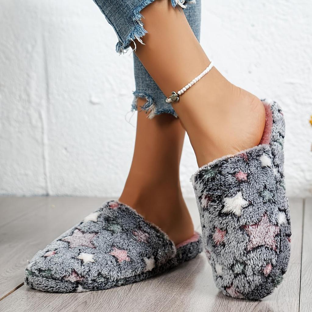 Теплые и удобные плюшевые тапочки с красочным звездным узором для осени и зимы