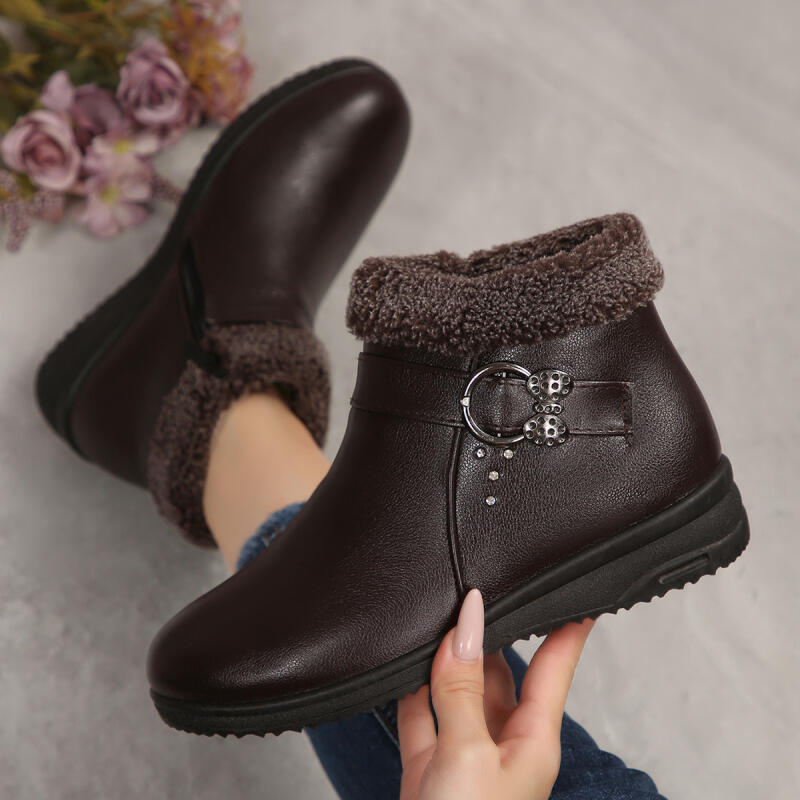 Fashion Casual Side Zip Pu Ankle Boots Women 2025 Winter Warm Short Plush Non Slip Mom's Shoes Vintage Soft Faux Fur Wedge Heel Booties