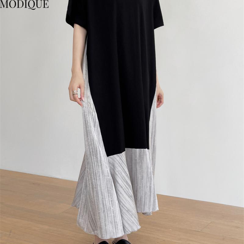 MODIQUE Summer Plus Size New Women Basic Loose Minimalist Patchwork Pleated Long Dresses Female Casual Short Sleeve O-Neck Dresses